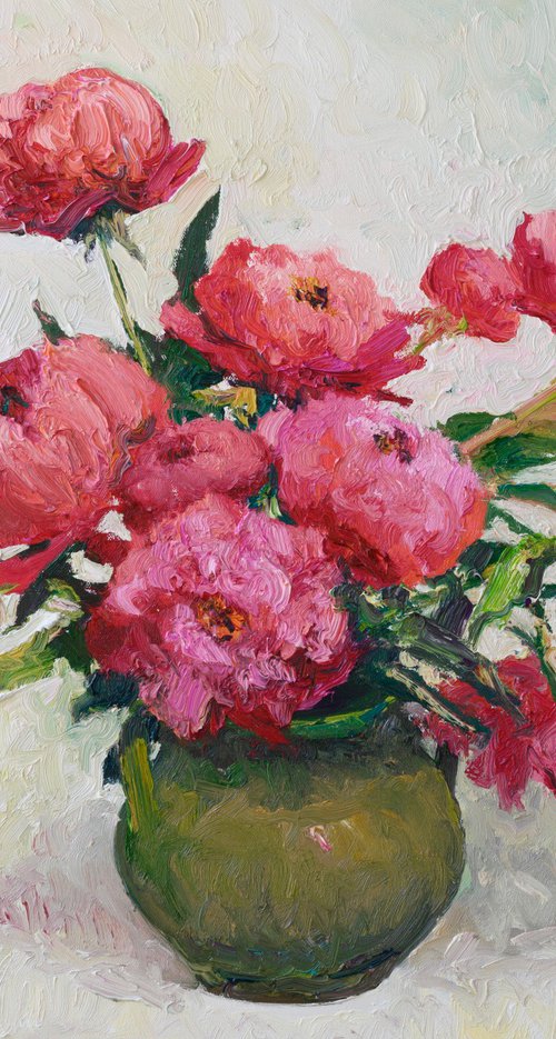 Peonies in Olive Green Vase by Suren Nersisyan