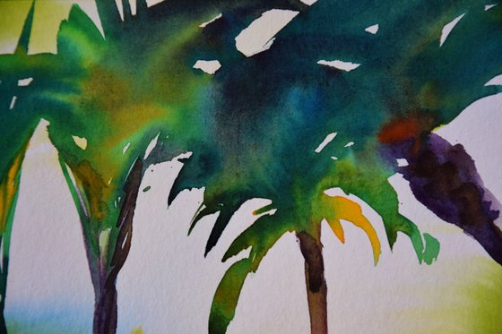 Abstract tropical trees original watercolor painting Spanish green forest