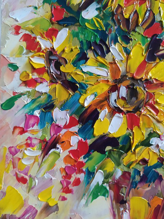 The lights of a sun - sunflowers, oil painting, flowers, sunflowers oil painnting, bouquet