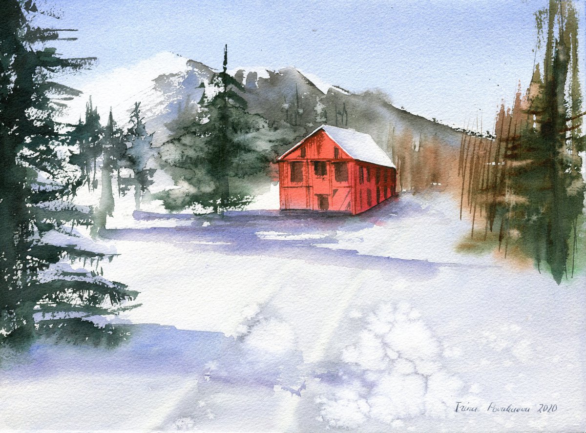 Red farmhouse the mountains original medium watercolor painting in nature colores by Irina Povaliaeva