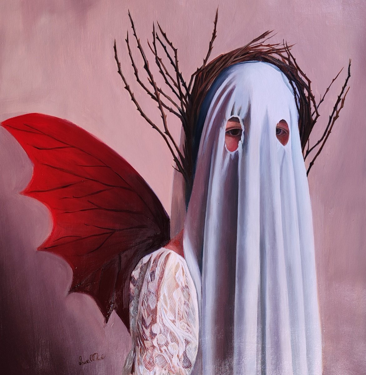 Surrealistic Portrait Oil Painting By Laura Muolo, 20 X 20", The Enigma, Original Artwork