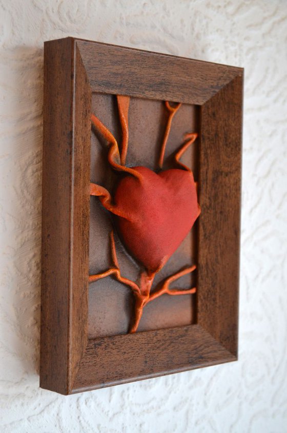 Lovers Heart - Original Framed Leather Sculpture Painting Perfect for Valentine Day Gift