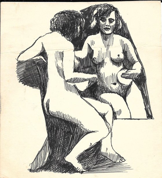 Nude looking in the mirror, 14x15 cm