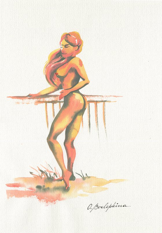 Nude #02-  watercolor sketch with naked girl