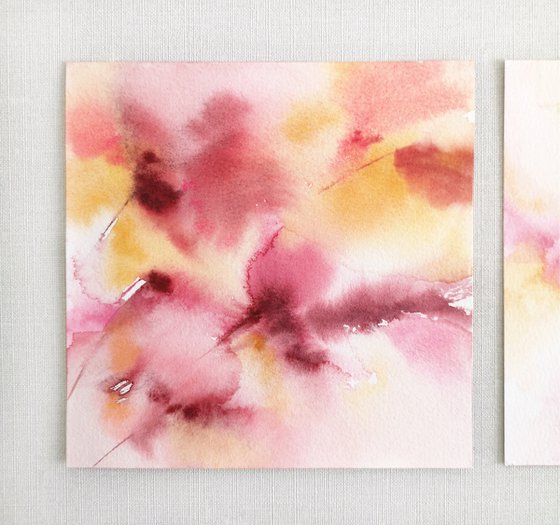 Pink flowers. Small watercolor floral painting set of 2