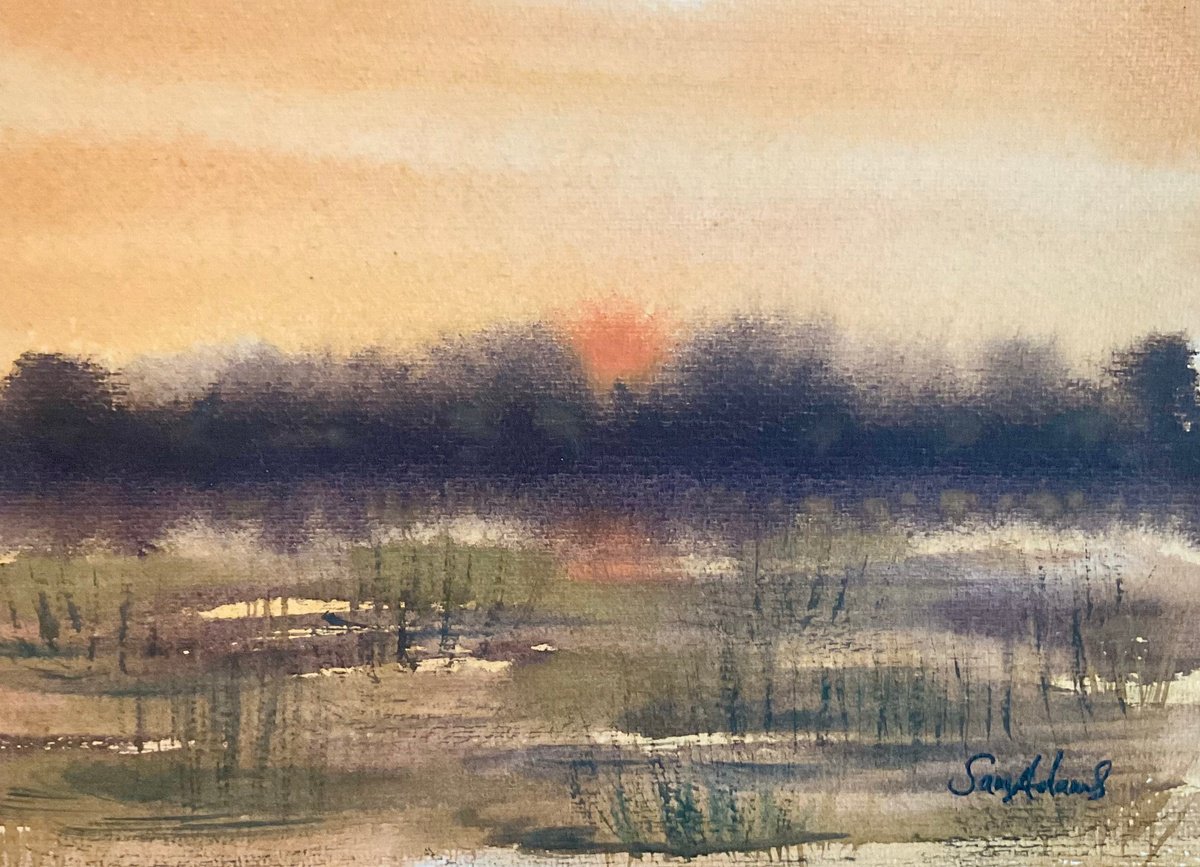 Expressive Watercolour , Marsh Pools At Sunset, Dorset By Samantha Adams, 9 X 6, Artwork For Sale On Artfinder