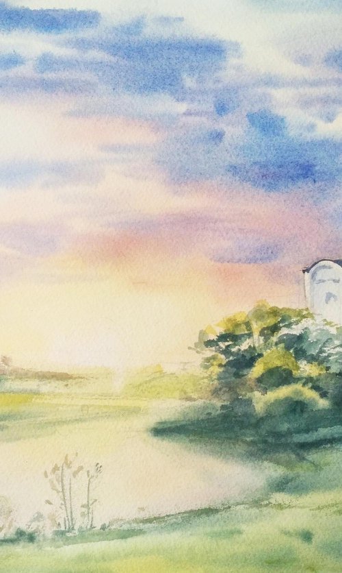 Watercolor painting Landscape Sunset River Temple by Anna Shchapova