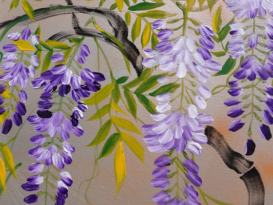 Japanese wisteria and love birds J303 - large orange silver triptych, original art, japanese style paintings by artist Ksavera