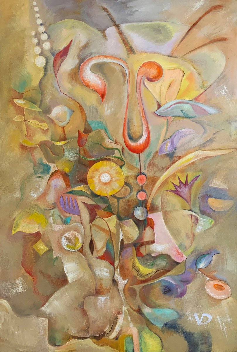 Geometric Botanical Oil Painting By Dina Volkova, 24 X 36, Garden, Original Artwork
