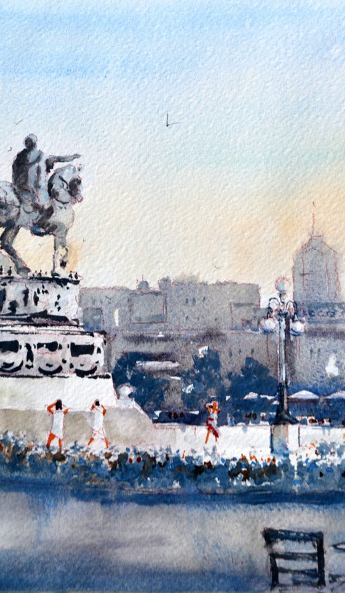 Blue day at Old Republic Square Belgrade 25x35 cm 2024 by Nenad Kojić watercolorist