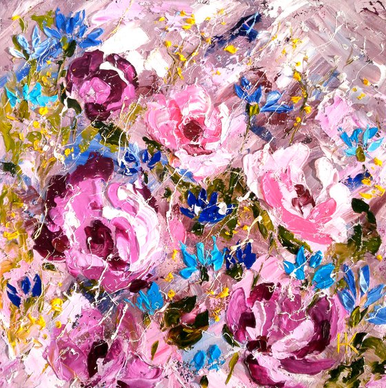 Peony Painting Floral Original Art Cornflowers Impasto Oil Palette Knife Painting Abstract Flowers Small Home Wall Art 12 by 12 inches