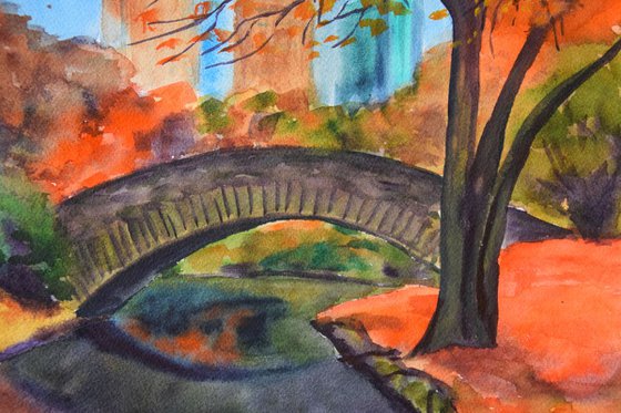 Fall New York Central Park ORIGINAL watercolor painting, autumn forest, romantic gift