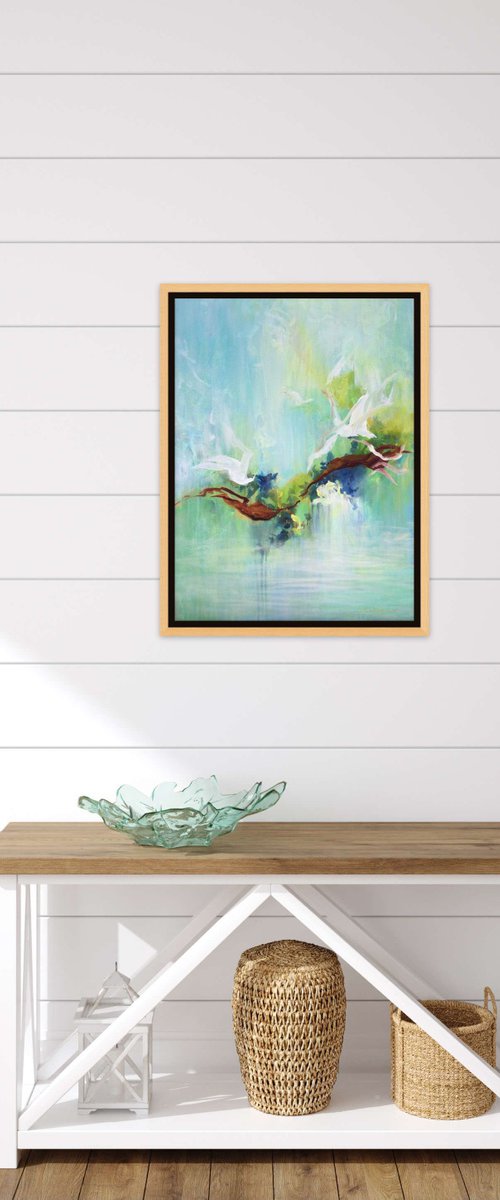Abstract Forest Pond Painting. Floral Garden. Abstract Tropical Flowers. Original Blue Teal Green Painting on Canvas 46x61cm Modern Art by Sveta Osborne