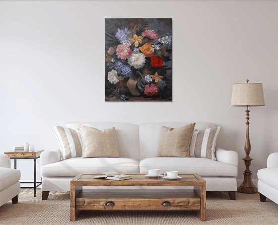 Still life flowers, 100x80cm, oil apinting, palette knife, large oil painting, floral art
