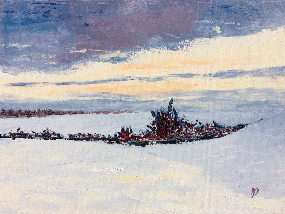Expressive Landscape Acrylic Painting By Jules Morissette, 24 X 18", Winter Fields, # 149, Original Artwork
