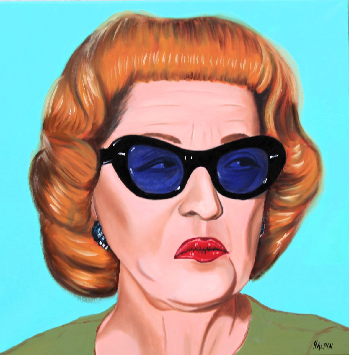 Urban And Pop Portrait Oil Painting By Mathew Halpin, 24 X 24", Bette Davis As A Shady Lady, Original Artwork