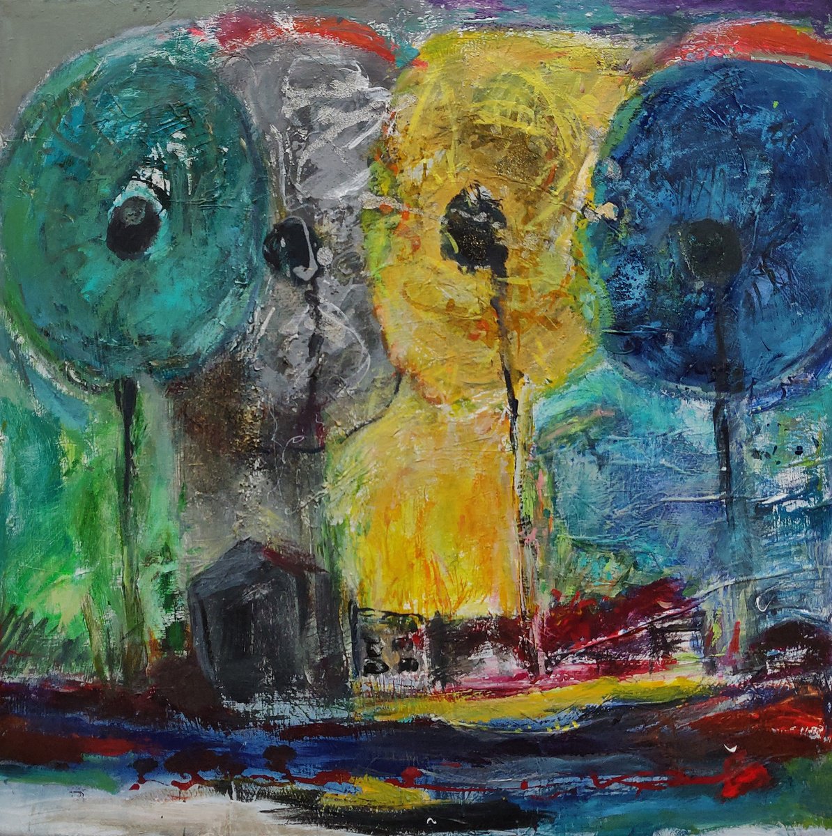 Abstract Acrylic Painting By Sylvie Dodin, 39 X 39", Flowers, Original Artwork