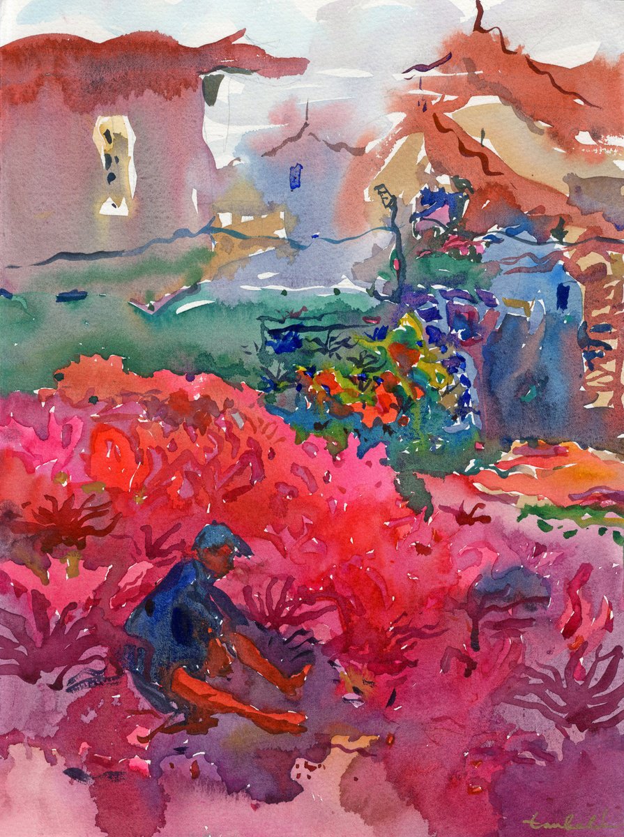 Impressionistic Cityscapes Watercolour By Tanbelia, 11 X 15", Incense Stick Village, Original Artwork