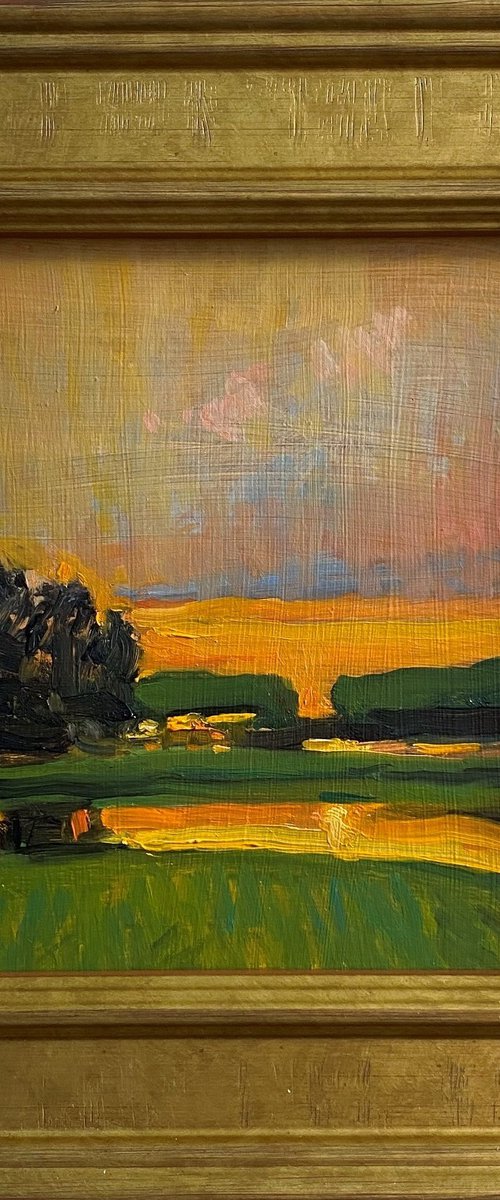Original Impressionist oil painting-Green Landscape, Sunset. Framed by Jackie Smith