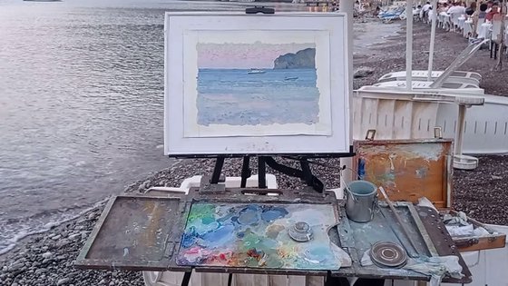 Sunset. Boats on the sea