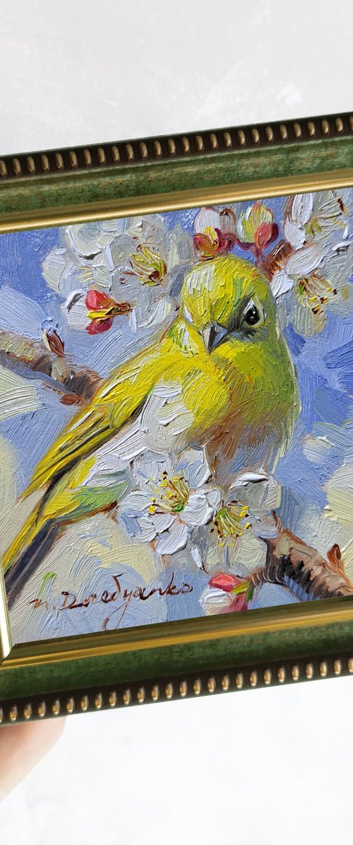 Bird painting original picture frame 4x4, Yellow bird oil painting on blossom branch, Small painting gift miniature art flowers by Nataly Derevyanko