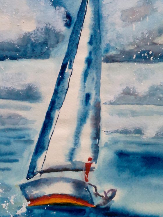 yacht sailing original watercolor painting impressionistic artwork"Between the ground and sky"