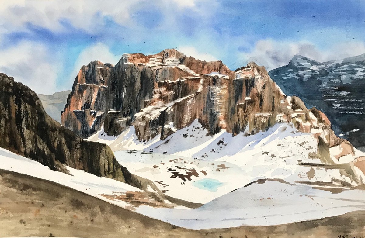 Dolomites Italian Alps mountains watercolor landscape by Ksenia Tikhomirova