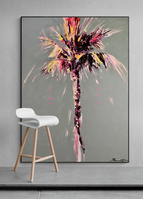 Huge XXXL painting - "PINK PALM" - Bright painting - Pop Art - Exotic - Palms - California - Sunset - Grey&Pink by Yaroslav Yasenev