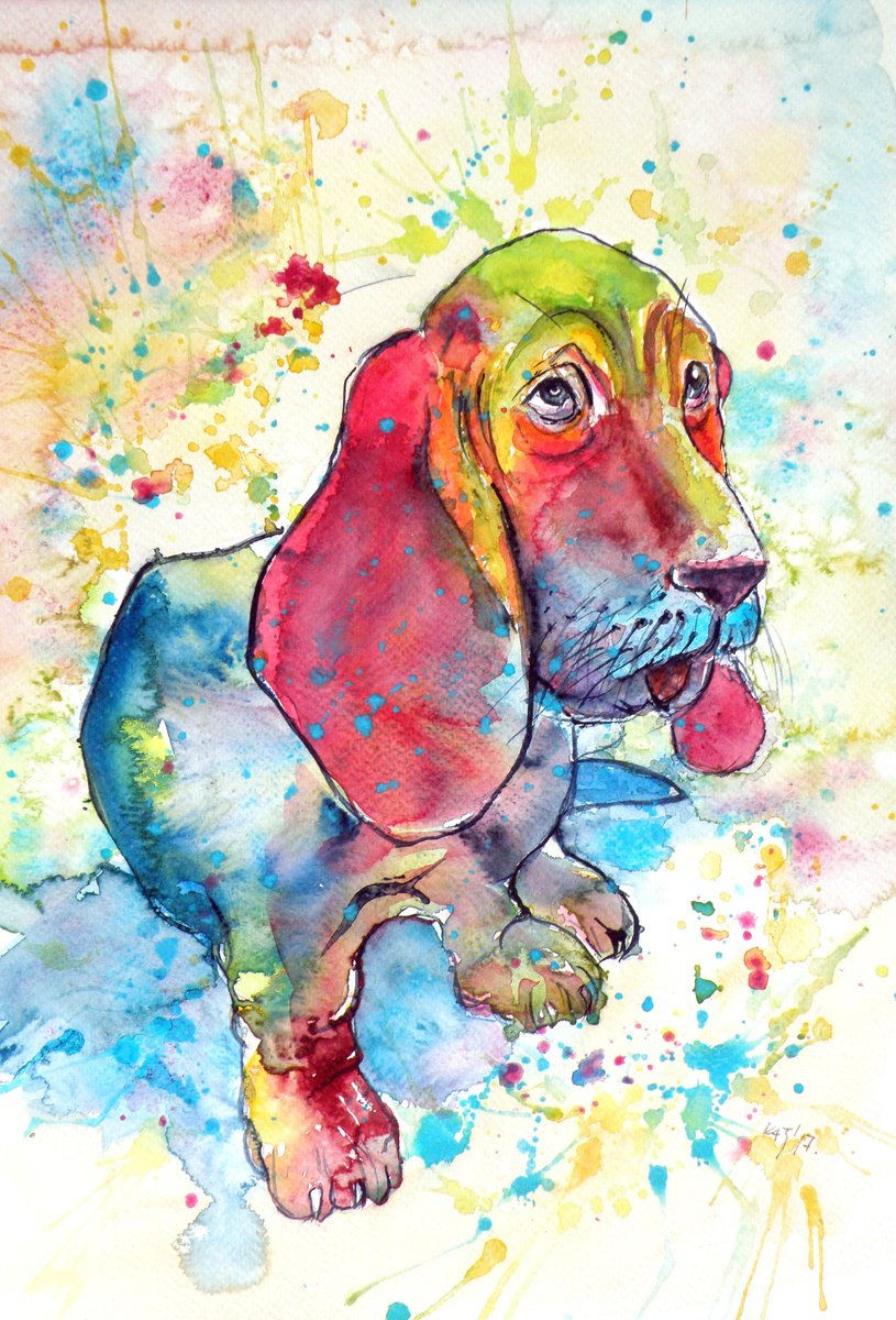 Impressionistic Animal Watercolour By Kovacs Anna Brigitta, 10 X 15", Cute Basset Hound, Original Artwork