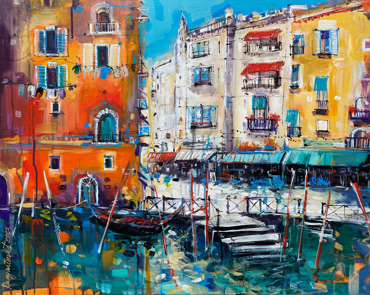 Expressive Cityscapes Acrylic Painting By Irina Rumyantseva, 30 X 24, Venice Summer, Original Artwork