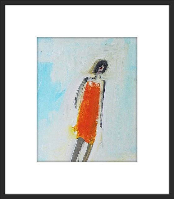 CARRIE, Cute Sexy Teen, Student Fashion Show, Orange Dress. Original Acrylic Figurative Painting. Varnished. With Mount (mat).