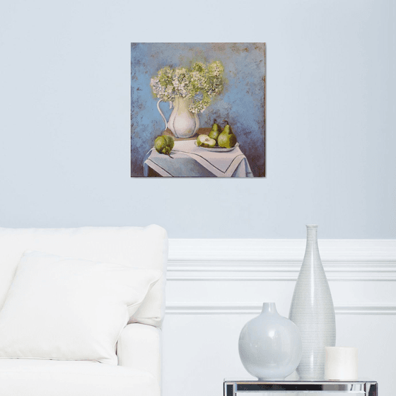 "Still Life with Hydrangea and Pears"  pears  liGHt original painting PALETTE KNIFE  GIFT (2019)