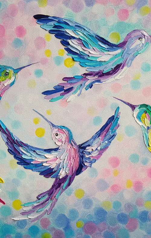 Weightlessness -  birds, love oil painting, birds in flight, birds oil painting, hummingbirds, love, animals oil painting, art bird, impressionism, palette knife, gift. by Anastasia Kozorez
