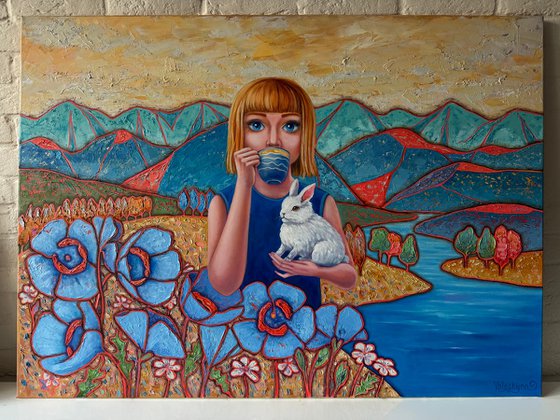 "Girl with a Rabbit" oil painting