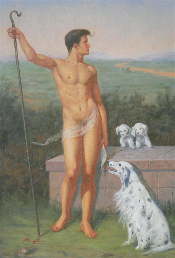 Oil painting male nude and dogs on linen #1724