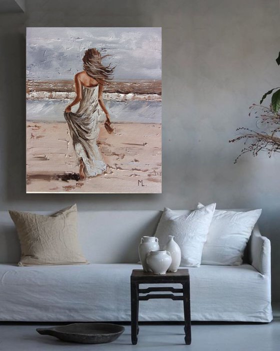 " BY THE SEA "- SKY SEA SAND liGHt  ORIGINAL OIL PAINTING, GIFT, PALETTE KNIFE
