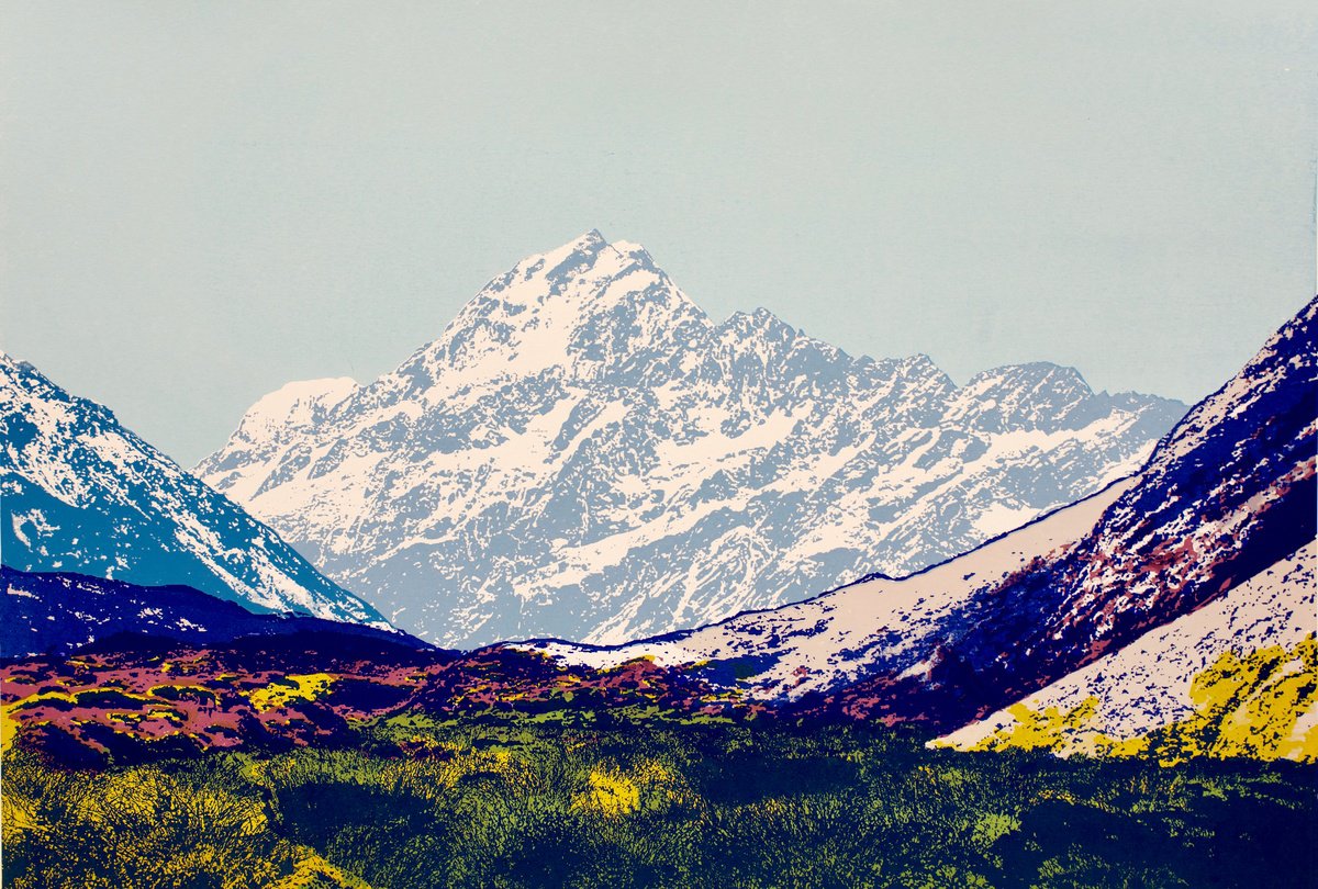 Landscape Screenprint By Talia Russell, 39 X 28", Hooker Valley View Of Mt Cook, Original Artwork