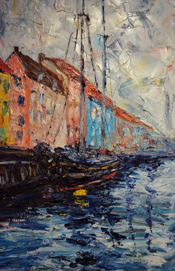 Original oil painting Harbour Nyhavn in Copenhagen