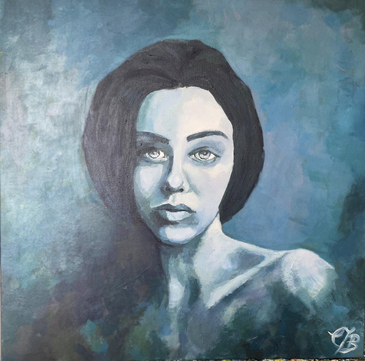 Impressionistic Portrait Acrylic Painting By Colette Baumback, 24 X 24, Indigo - Portrait Of Woman, Original Artwork