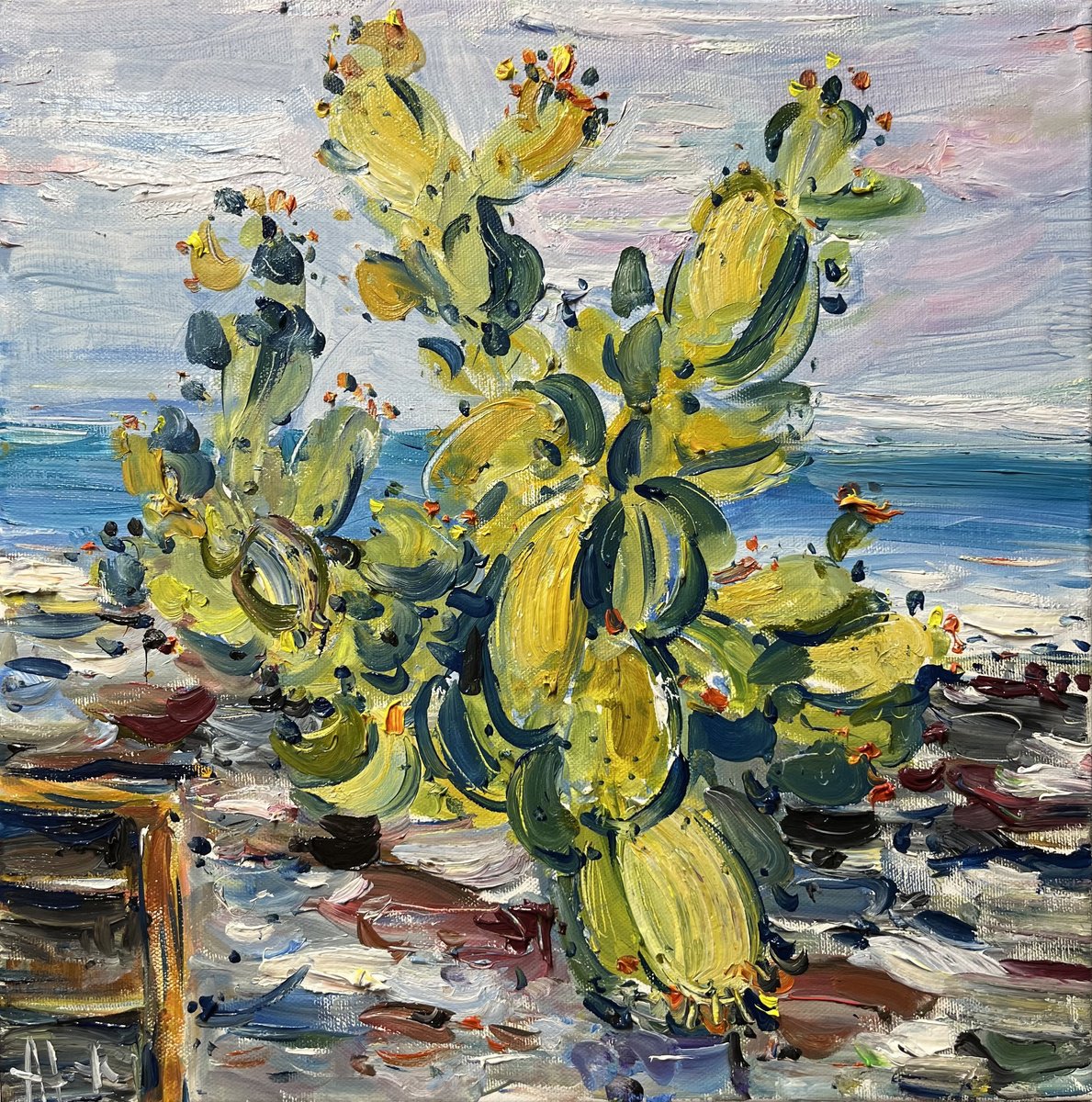 Expressive Botanical Oil Painting By Altin Furxhi, 16 X 16, Cactus 2024, Original Artwork