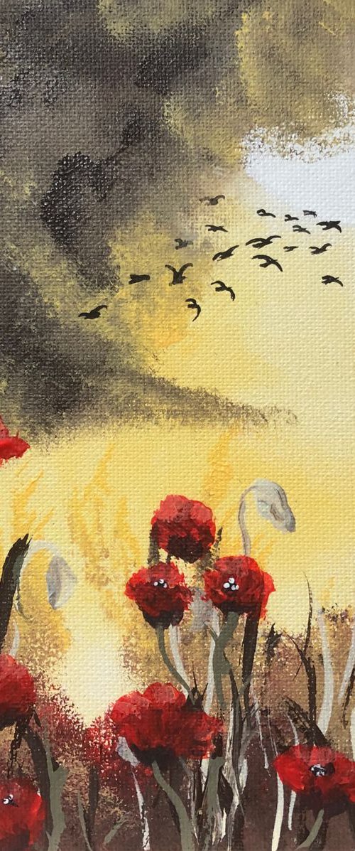 Poppies under a full moon in a frame by Marja Brown