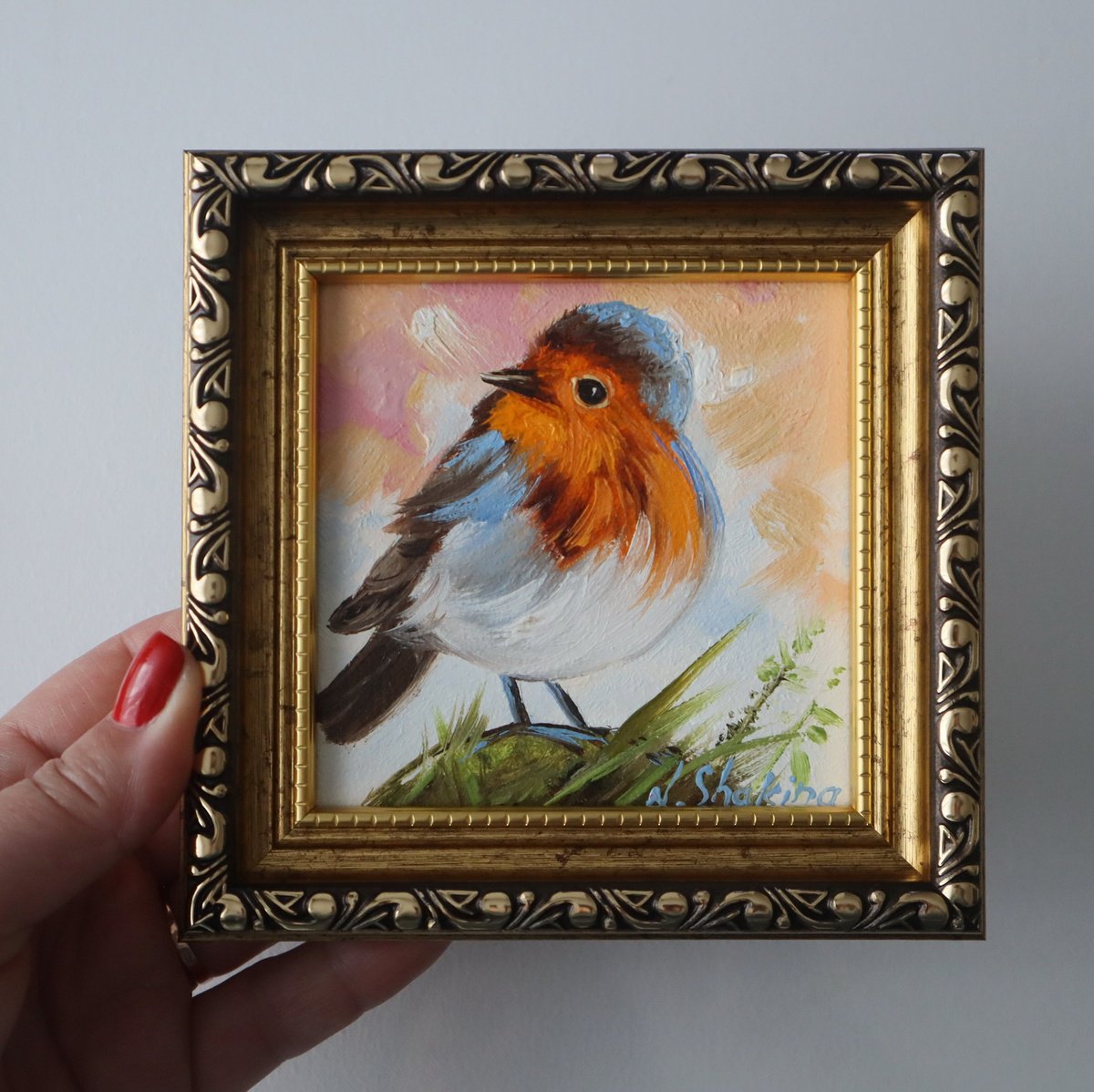 Impressionistic Animal Oil Painting By Natalia Shaykina, 5 X 5", Two Robins Miniature Set, Original Artwork