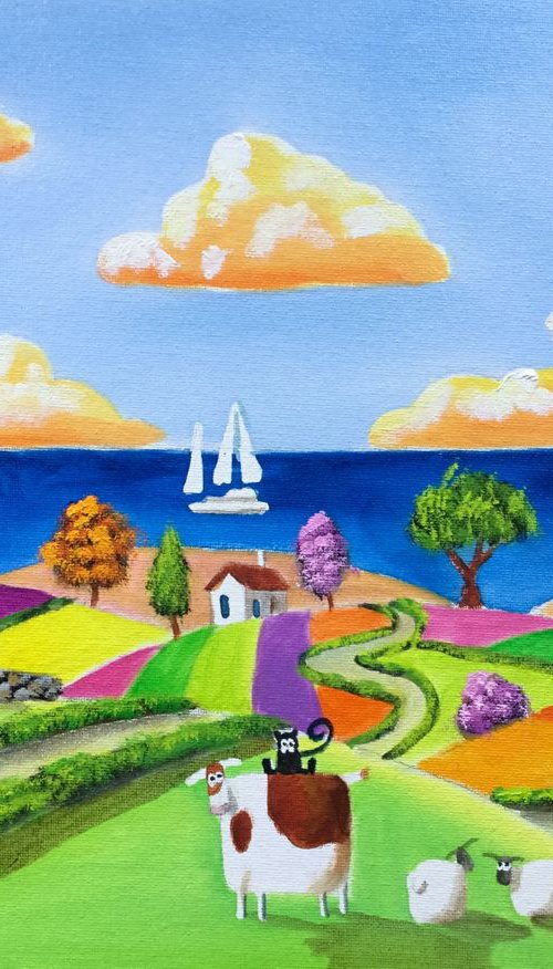 Cow Folk art patchwork fields by Gordon Bruce