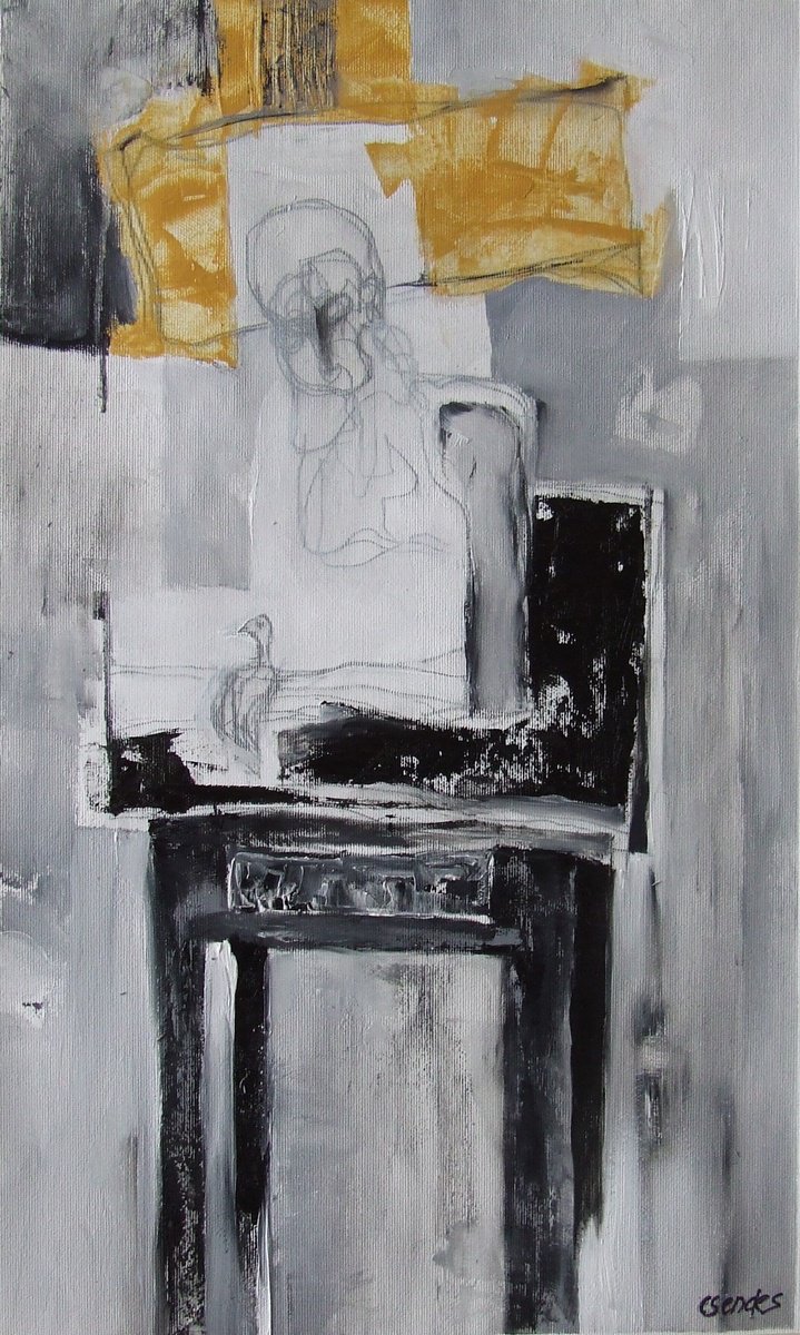 Abstract Oil Painting By Csaba Csendes, 12 X 20, A Fekete Asztal, Original Artwork