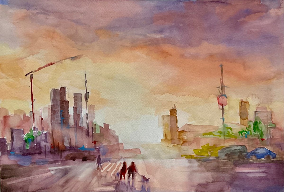 Impressionistic Cityscapes Watercolour By Vera Klimova, 17 X 12", Sunny City, Original Artwork