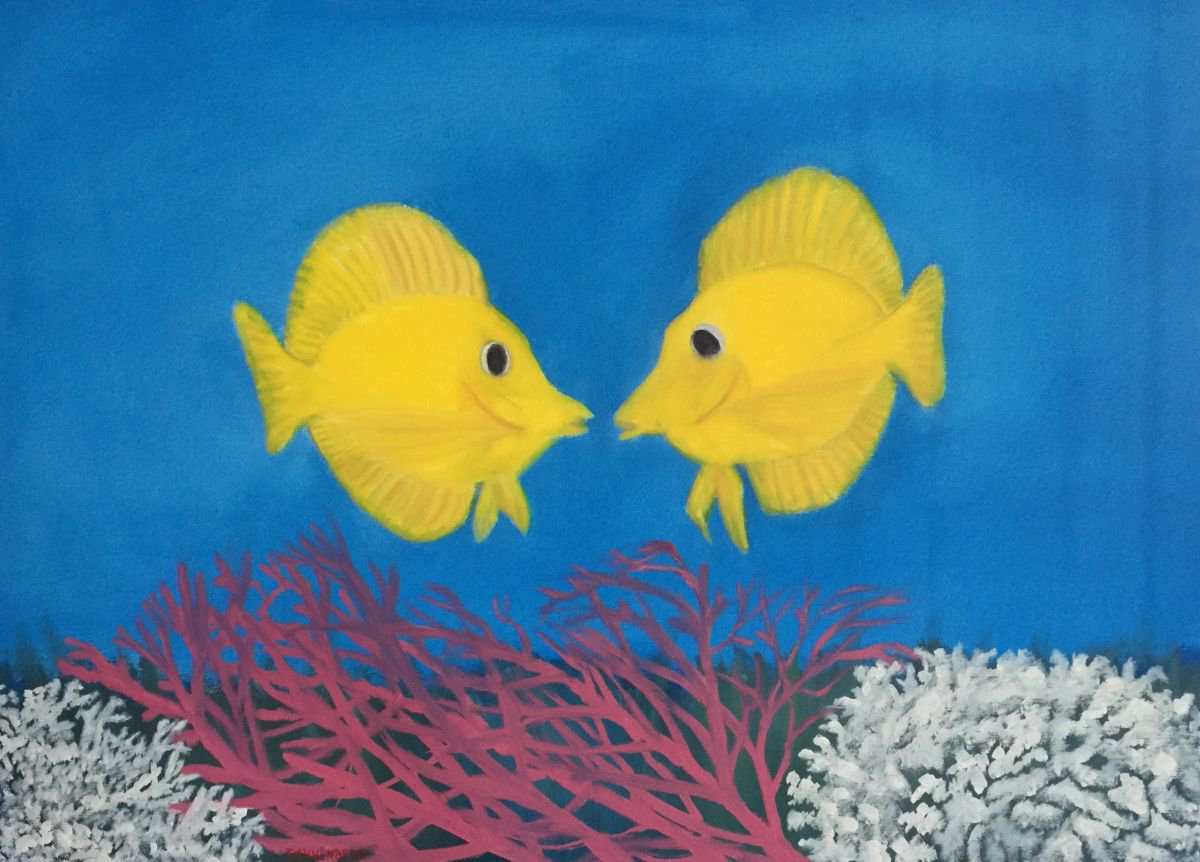 Photorealistic Animal Oil Painting By Leslie Dannenberg, 30 X 22", Yellow Tangs, Original Artwork