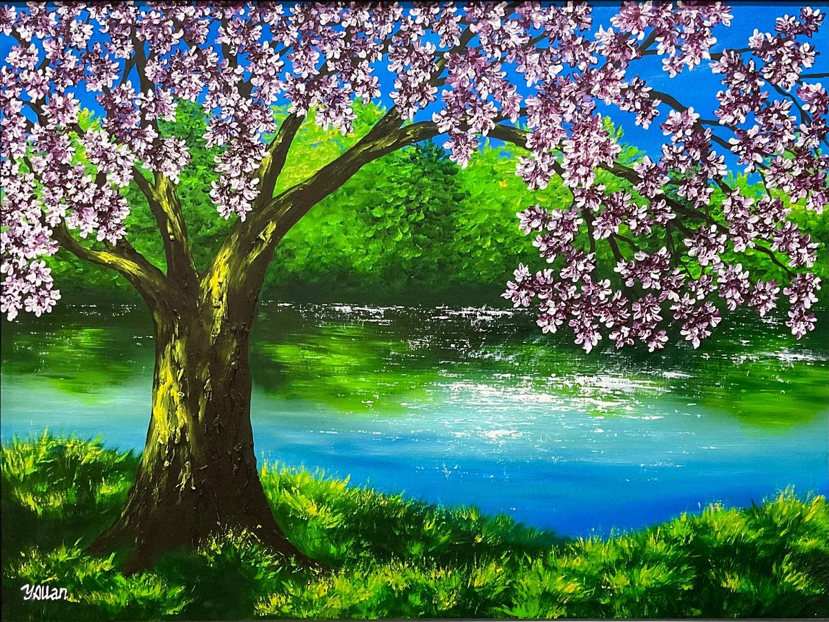 Impressionistic Landscape Oil Painting By Yulia Allan, 22 X 18", That Cherry Night, Original Artwork