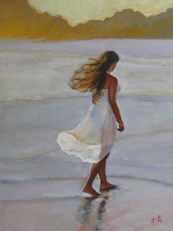 Summer Breeze-Impressionist beach figure oil painting. 45x61cm.