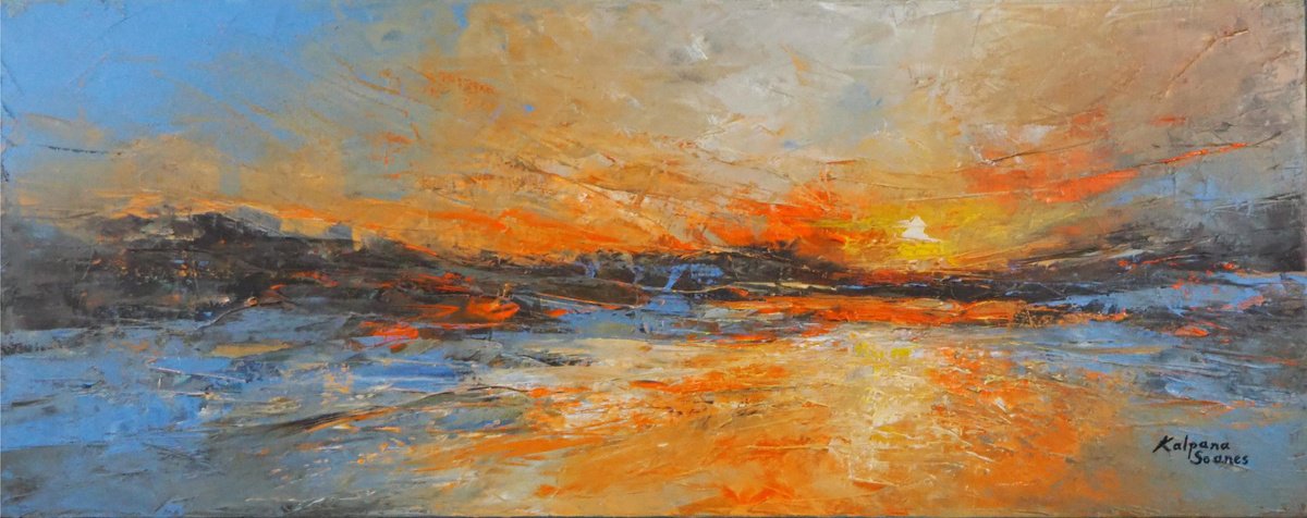 Impressionistic Landscape Oil Painting By Kalpana Soanes, 39 X 16", Rejoicing Shore, Original Artwork