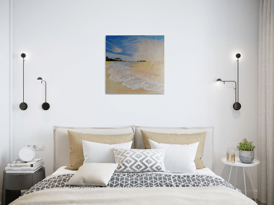 Sunny holiday, original seascape sunrise oil painting, bedroom art, gift idea